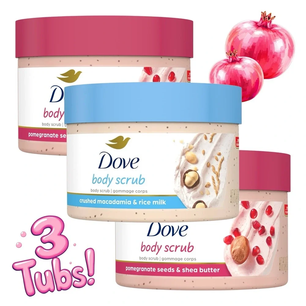 (3) Dove Body Scrub - Pomegranate Seeds Shea Butter, Crushed Macadamia Rice Milk